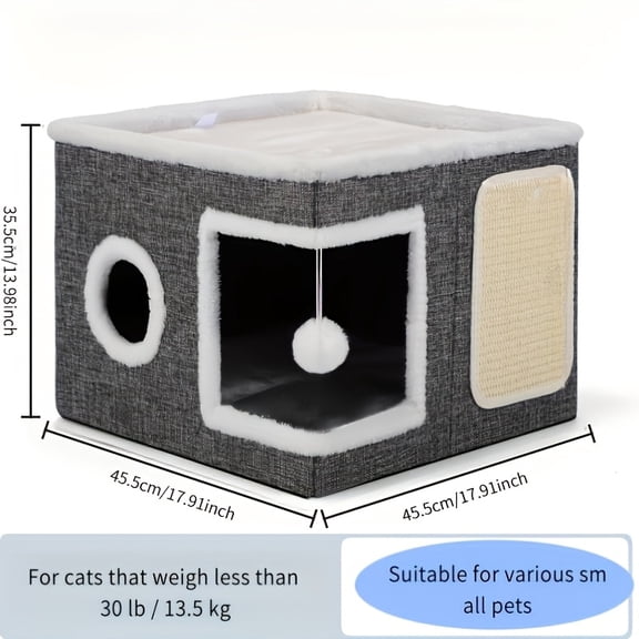 Foldable Multi-Layer Cat House with 2-Tier Bed, Toy Tunnel & Scratching Post, Soft Plush Mat Hanging Ball Toy, Nylon Canvas All-Season Cozy Cat Cube Shelter for Indoor Cats