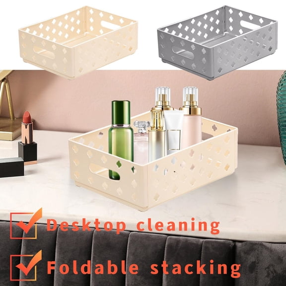 Foldable Multifunctional Storage Box, Stackable Organizer with Hollow Ventilation Holes – For Home, Kitchen, Desk, Cabinet & Dressing Table Cosmetics, 10.4"×7.8"×3.9" (Gray)