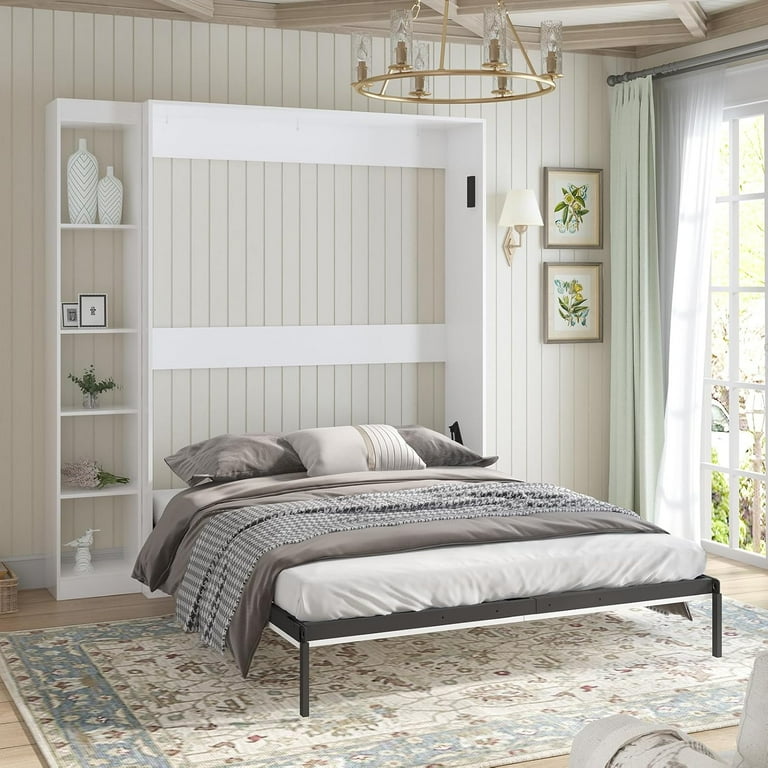 Foldable Murphy Bed with 1 Side Cabinet Folding Wall Bed with Space Saving Design Fold up Murphy Bed Cabinet for Storage Multipurpose Cabinet Bed