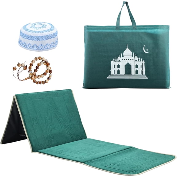 Foldable Muslim Prayer Mat with Back Rest Support, Thick Padded Islamic Prayer Rug, Travel Portable Carpet for Women Men, janamaz, Sajadah, Meditation Prayer Ramadan Eid Gift with Hat and 33 Beads