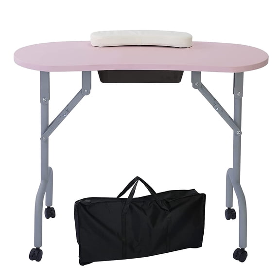 Foldable Nail Desk 36 Inch Portable Manicure Table for Salon Technician Workstation with Large Drawer Client Wrist Cushion Carry Bag and 4 Lockable Wheels Pink