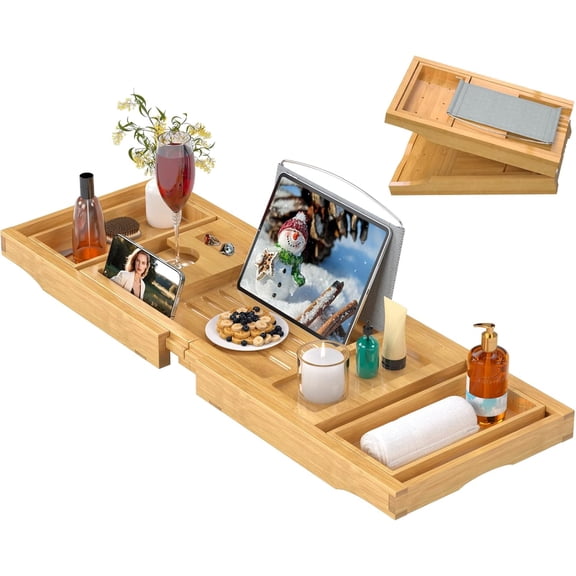 Foldable Natural Bamboo Bath Tray with Book, Wine Glass, and Phone Holder