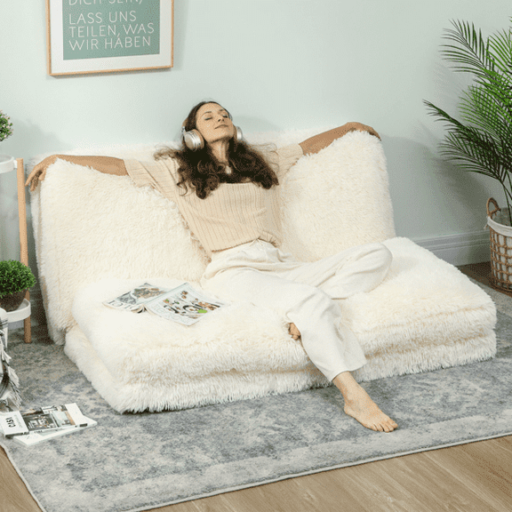 Foldable No-Assembly Dual-Use Sofa Bed Ultra-Soft Velvet Thick Cushion Cream White