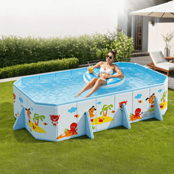 Foldable Non-Inflatable Family Pool, 103x61x21 Inch Easy Setup Swimming Pool for Outdoor Backyard