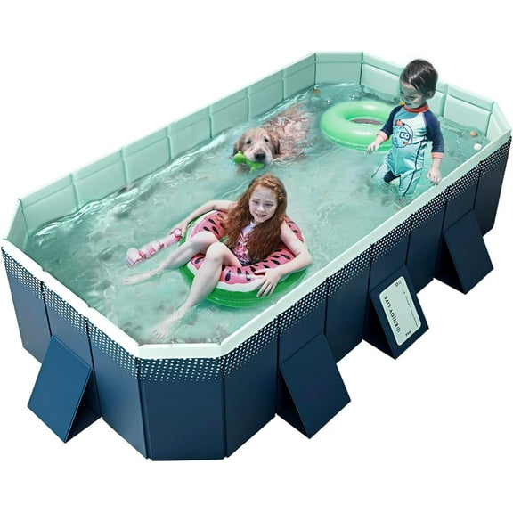 Foldable Non-Inflatable Kids' and Adults' Outdoor Swimming Pool - Hard Plastic Shell, Kid Pool for Backyard Dog Pools (113" x 66" x 20")
