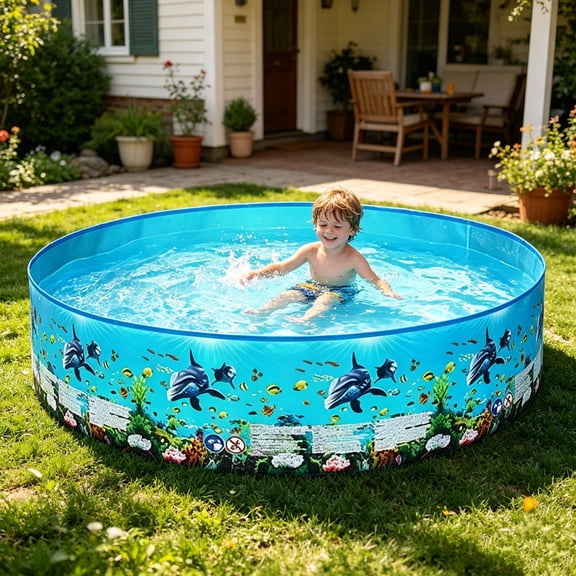 Foldable Non-Inflatable Pool, Ocean Dolphin Print Hard Toddler Swimming Pool, Collapsible Portable Water Play Pit for Kids Pets Backyard Beach Patio Summer-48.0"x9.8"(Sky Blue)