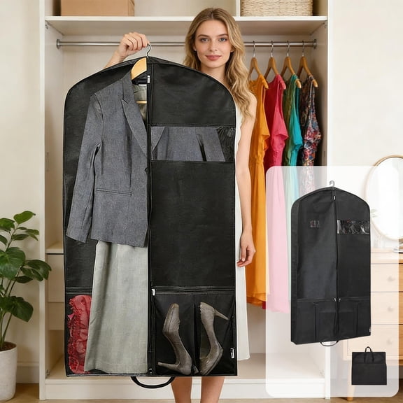 Foldable Non-Woven Garment Bag with Transparent Window, Large Capacity Suit Storage for Closets and Travel, Black, Dust-Proof Organizer for Multiple Clothes