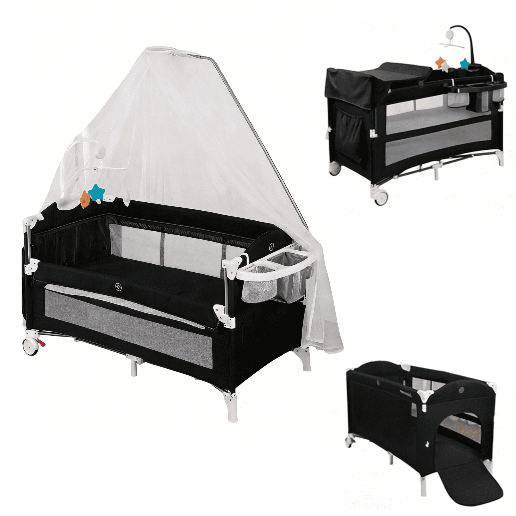 Foldable Nursery Center Baby Playpen with Toy Mobile, Mosquito Net Play Yard for Newborn to Toddler, Unisex Black