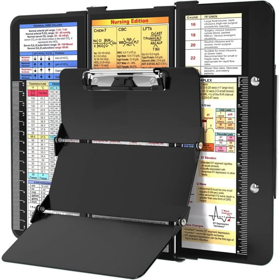 ‌Foldable Nursing Clipboard with Cheat Charts - 3 Layer Aluminum Clipboard, Low Profile Clip & Pen Pocket for Nurses/Doctors/Students, Black