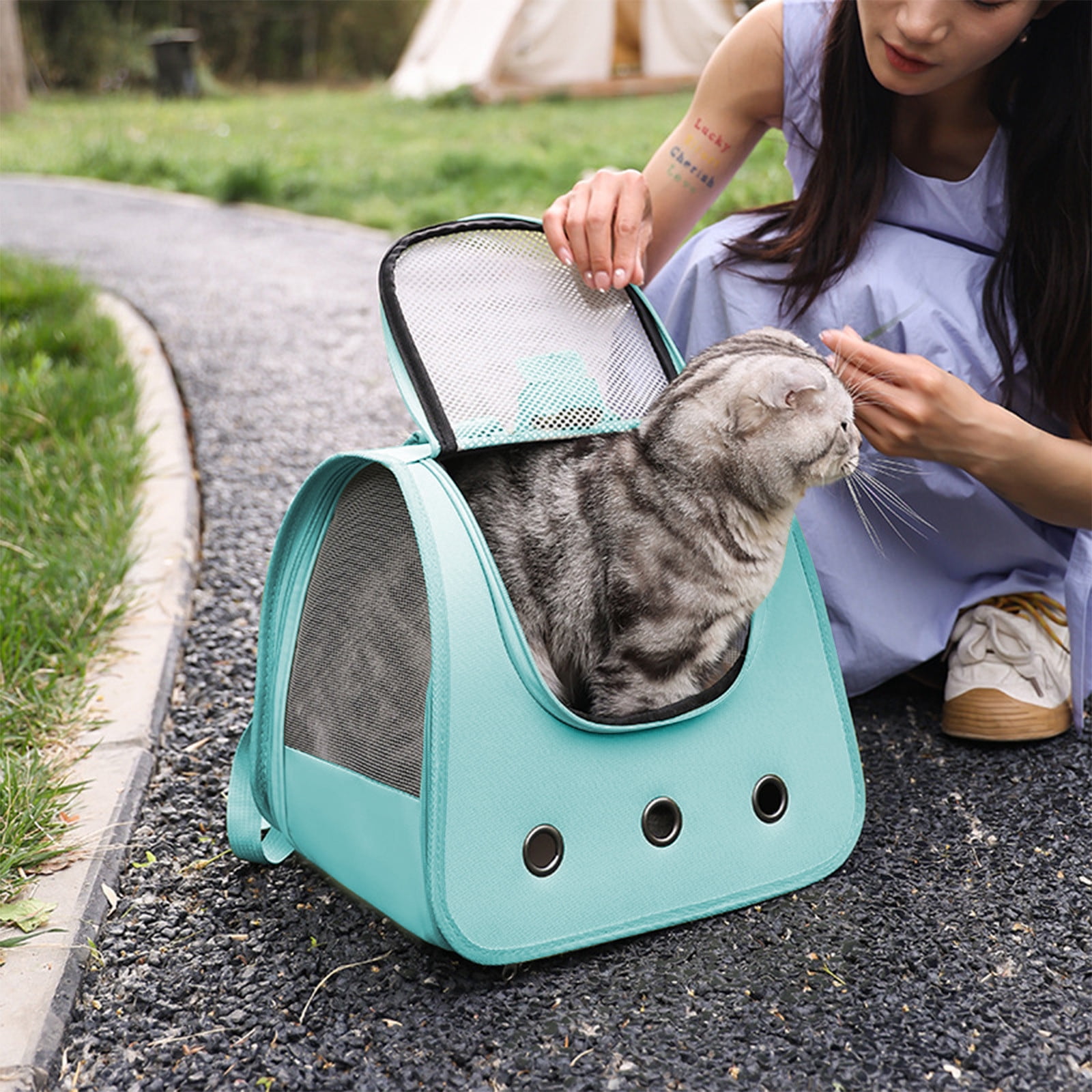 Foldable Nylon Cat Backpack, 13.78x11.81x10.24in Pink/Blue - Breathable, Portable for Walking & Travel, Suitable for Cats Up to 15lb