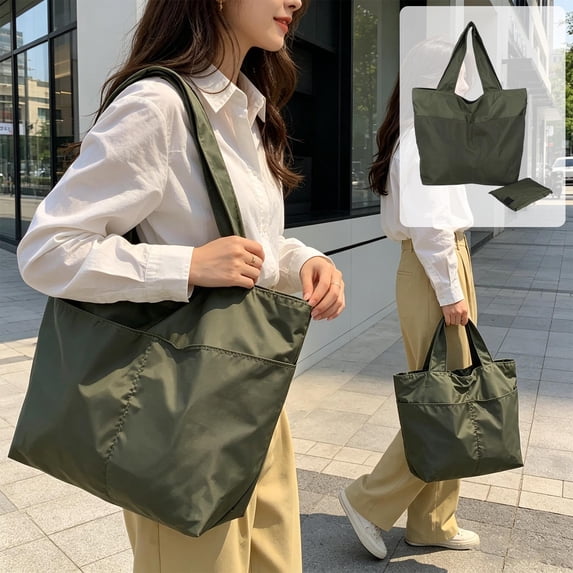 Foldable Nylon Tote Bag, Large Capacity Lightweight Shoulder Handbag with Zipper Closure, Travel Shopping Work Everyday Carry Tote