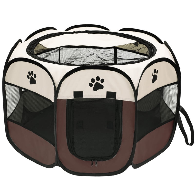 Foldable Octagon Pet Playpen Tent, Oxford Cloth Scratch-Resistant, For Cats & Dogs, 360° Ventilation, Brown，L