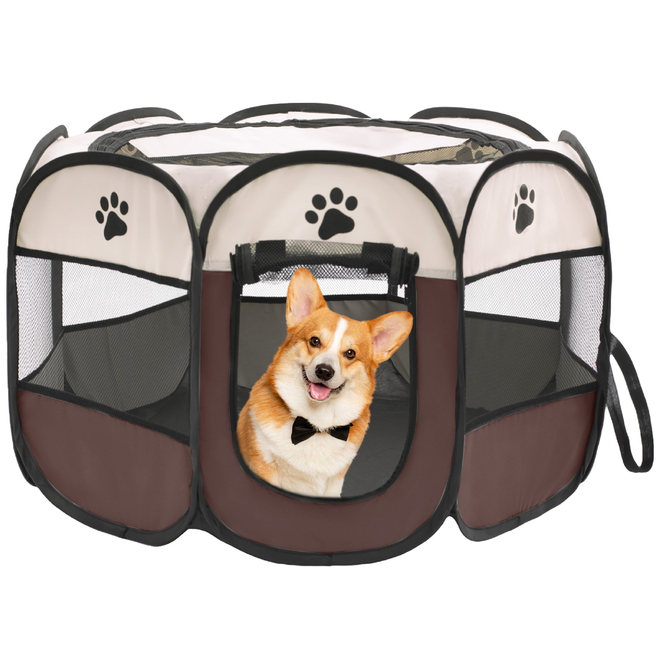 Foldable Octagon Pet Playpen Tent, Oxford Cloth  Scratch-Resistant, For Cats & Dogs, 360° Ventilation, Brown，S
