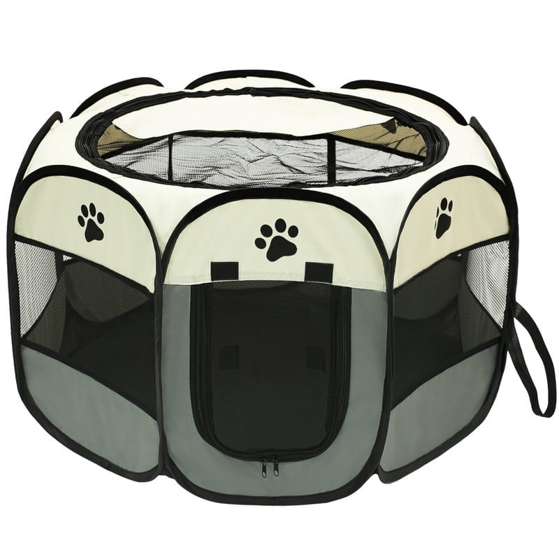 Foldable Octagon Pet Playpen Tent, Oxford Cloth Scratch-Resistant, For Cats & Dogs, 360° Ventilation, Grey，S
