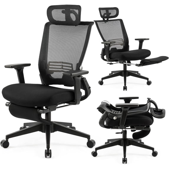 Foldable Office Chair with Foot Rest, Ergonomic Office Chair with Adjustable Lumbar Support, Headrest, Armrest, Home Office Desk Chairs for Space Saving, Work from Home, Black
