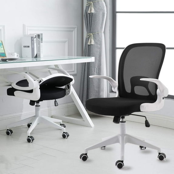Foldable Office Chair - Home Office Desk Chairs with Wheels and Flip-Up Arms - Foldable Backrest Mesh Computer Chair Adjustable Swivel Rolling Home Executive (White)