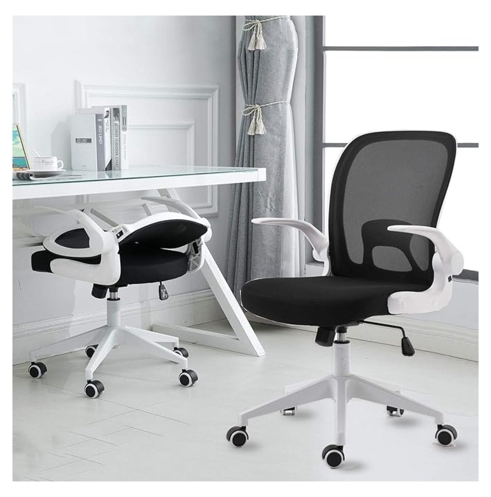 Foldable Office Chair - Home Office Desk Chairs with Wheels and -Up Arms - Ergonomic Backrest Mesh Computer Chair Adjustable Swivel Rolling Home Executive (White)