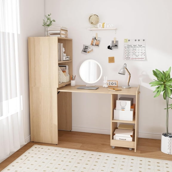 Foldable Office Desk, Fold Out Convertible Hidden Murphy Computer Desk with Storage Shelves, Multi-Function Folding Writing Table for for Small Spaces, Home Office (Natural)