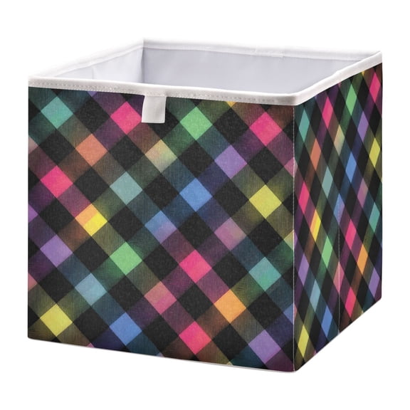 Foldable Open Top Cube Storage Basket Fabric Organizer for Clothes Toys Books 11x11x11 Inch Neon Rainbow Checkered Pattern