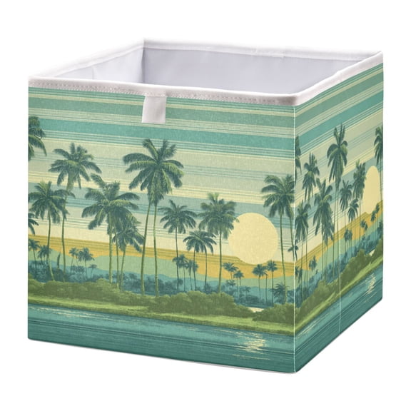 Foldable Open Top Cube Storage Basket Fabric Organizer for Clothes Toys Books 11x11x11 Inch Teal Tropical Print