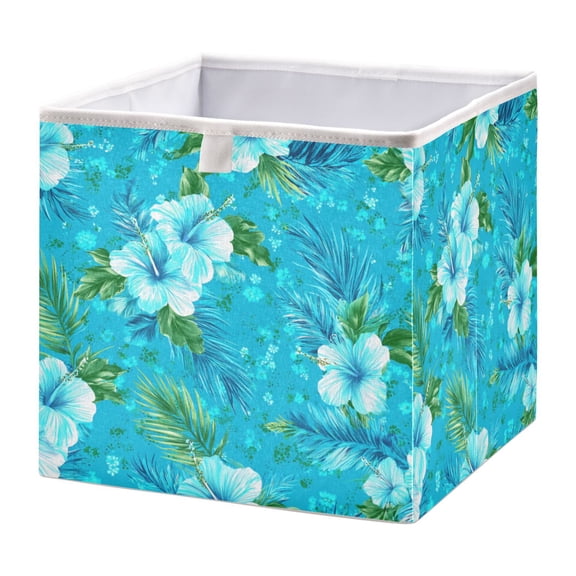 Foldable Open Top Cube Storage Basket Fabric Organizer for Clothes Toys Books 11x11x11 Inch Turquoise Hibiscus Tropical Print