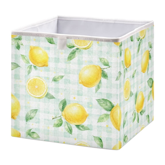 Foldable Open Top Cube Storage Basket Fabric Organizer for Clothes Toys Books 11x11x11 Inch Watercolor Lemon Check Pattern