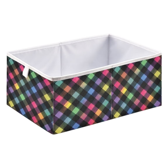 Foldable Open Top Cube Storage Basket Fabric Organizer for Clothes Toys Books 15x10x6 Inch Neon Rainbow Checkered Pattern