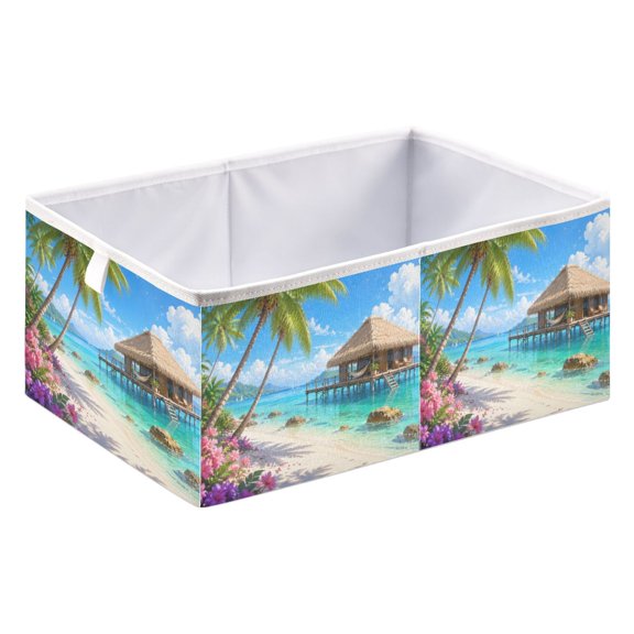 Foldable Open Top Cube Storage Basket Fabric Organizer for Clothes Toys Books 15x10x6 Inch Ocean View Palm Beach