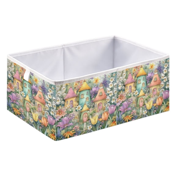 Foldable Open Top Cube Storage Basket Fabric Organizer for Clothes Toys Books 15x10x6 Inch Sweet Flower Fairy Cottage