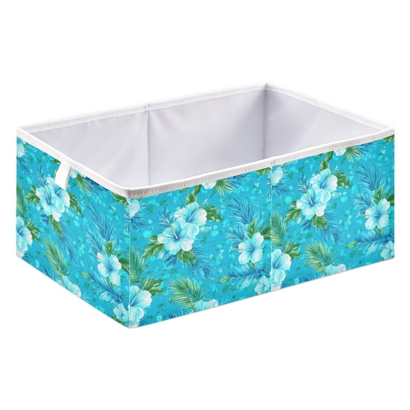 Foldable Open Top Cube Storage Basket Fabric Organizer for Clothes Toys Books 15x10x6 Inch Turquoise Hibiscus Tropical Print