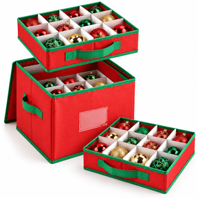 Christmas Ornament Storage Box for 64 Ornaments, 4 Removable Trays, 3 x 3 in Compartments, Zippered Holiday Decor Organizer with Handles, Red Green