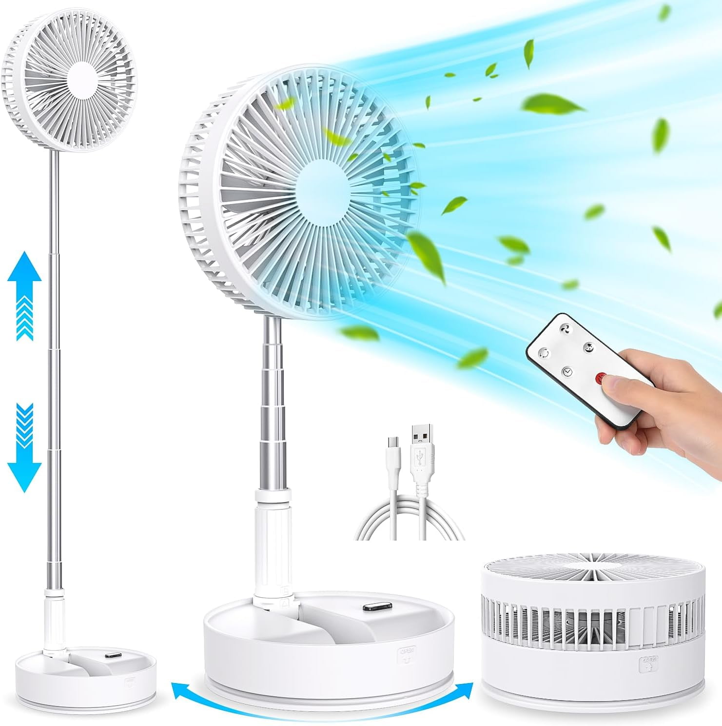 Foldable Oscillating Standing Fan with Remote Control, 8" Portable Desk Quiet Fan, 7200mah Rechargeable USB Small Fan, Folded Floor Pedestal Fan for Bedroom Office Camp Travel