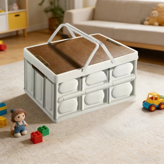 Foldable Outdoor Camping Storage Box with Wooden Lid Large Capacity Organizer for Car Trunk Picnic Gear and Home Use Portable Box with Handles 16.9x11.4x9.0 Inches