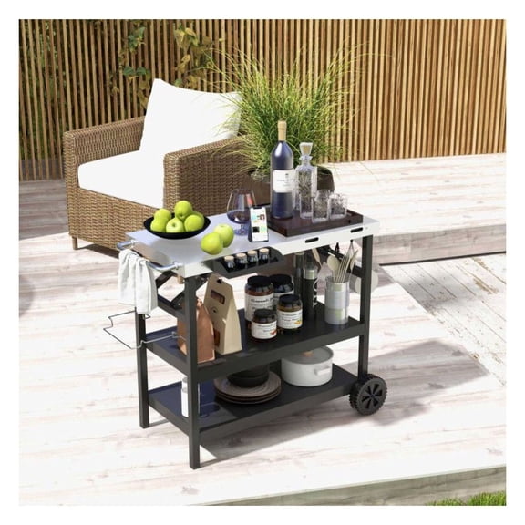 Foldable Outdoor Cart with Wheels - 3 Tier Stainless Steel Utility Cart with Phone Holder, Adjustable Shelf & Hooks - BBQ Prep Table, Portable Worktable