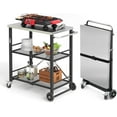 thumbnail image 1 of Foldable Outdoor Grill Cart with 2 Total Lock Casters, Stainless Steel Pizza Oven Stand, Rolling BBQ Table and 3 Shelf Folding Kitchen Island, Black, 1 of 7
