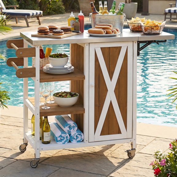 Foldable Outdoor Kitchen Island Cart, Portable Prep Station with Lockable Wheels, Storage Cabinet, Towel Rack & Foldable Stainless Steel Top for Patio Backyard
