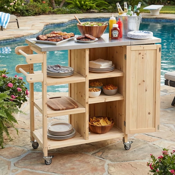 Foldable Outdoor Kitchen Island with Lockable Wheels, Portable Patio Prep Station, Stainless Steel Top and Storage Cabinet, Natural