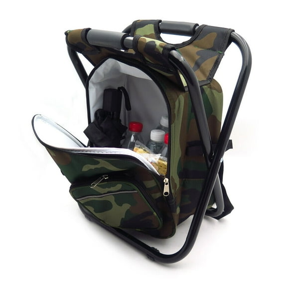 Foldable Outdoor Multi-Function Fishing Backpack Beach Chair Stool w/ Cooler Bag