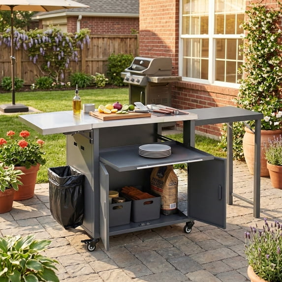 Foldable Outdoor Prep Station BBQ Cart Patio Dining Cart Foldable Outdoor Kitchen Island Grill Cart with Trash Rack, Foldable Top and Storage Space for Backyard, Patio, Gray