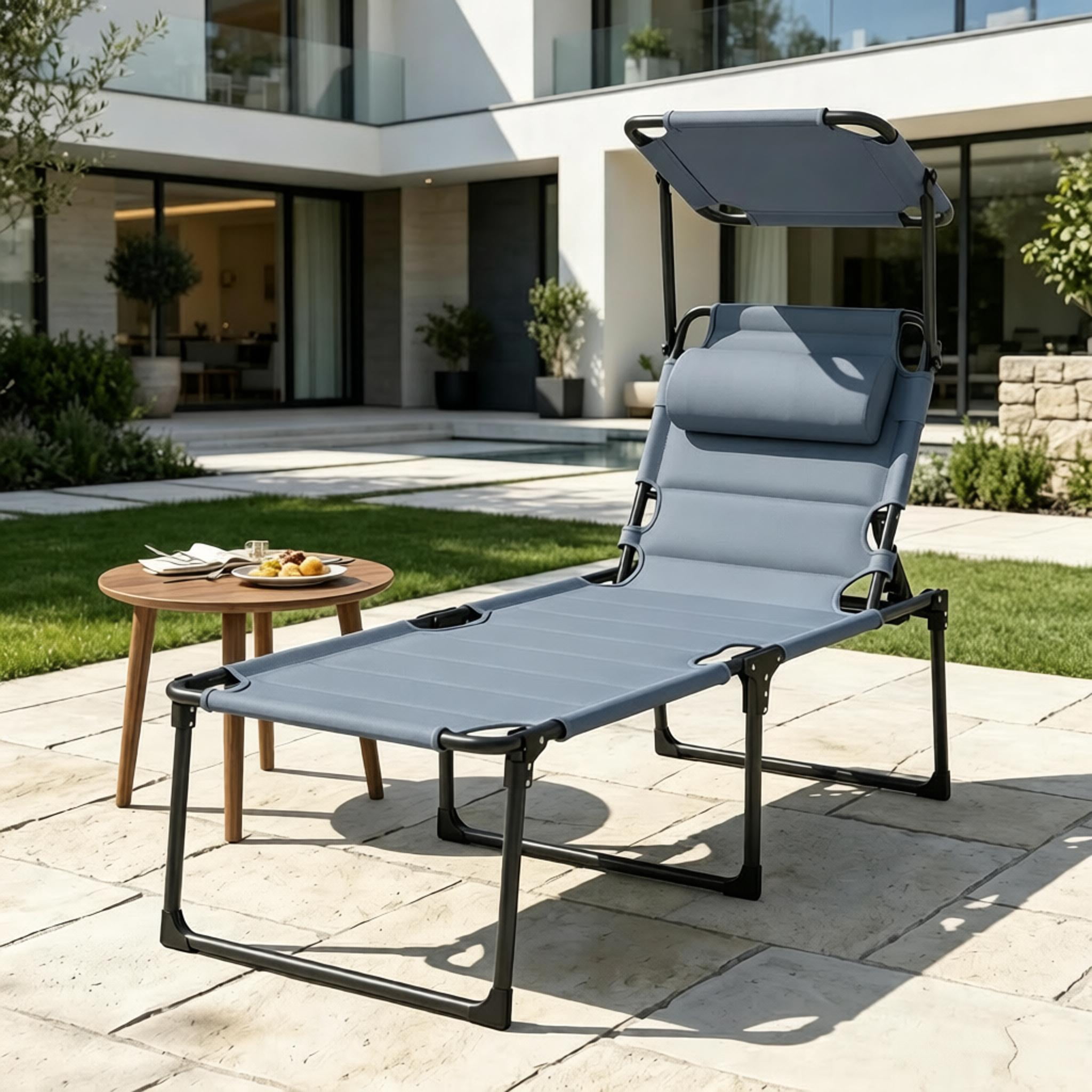 Foldable Outdoor Reclining Sun Lounger with Adjustable Sun Canopy, 4-Position Backrest Patio Chaise Lounge with Washable Pillow, 264 LBS Capacity Steel Frame
