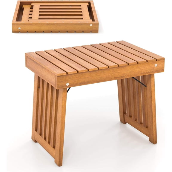 Foldable Outdoor Side Table Set of 2, Acacia Wood Patio End Table with Slatted Top & Triangular Frame, for Backyard, Poolside, Porch