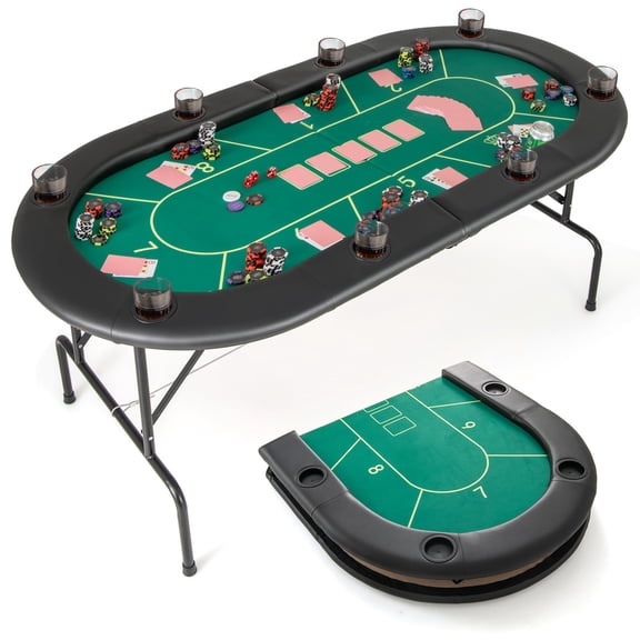 Foldable Oval Poker Table With 8 Cup Holders, Dark Green Layout Felt