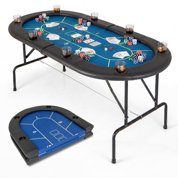 Foldable Oval Poker Table With 8 Cup Holders, Partition Pattern Blue Felt