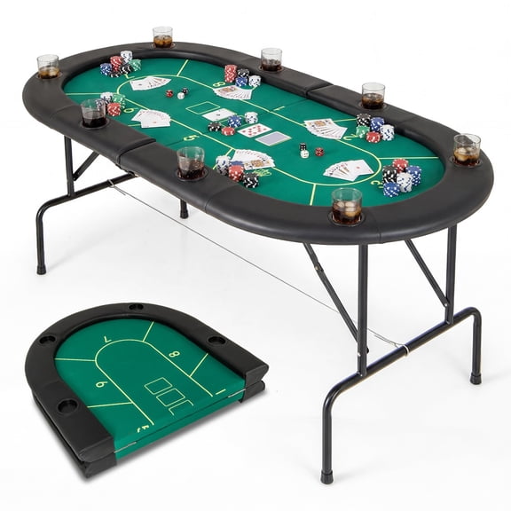 Foldable Oval Poker Table With 8 Cup Holders, Partition Pattern Green Felt