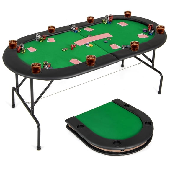 Foldable Oval Poker Table With 8 Cup Holders, Purity Green Felt Surface