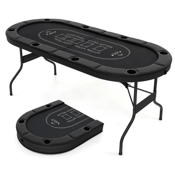 Foldable Oval Poker Table With Padded Rails Cup Holders Black 72 Inch