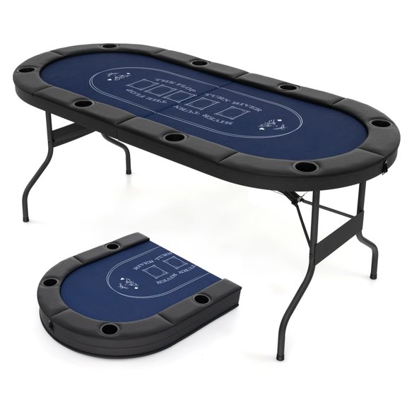 Foldable Oval Poker Table With Padded Rails, Cup Holders, Black+Blue Felt