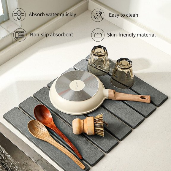 Foldable Over Sink Dish Drying Rack, Diatomaceous Earth Over the Sink Dish Drying Rack with Instant Water Absorption, 15.74*11.81in Gray