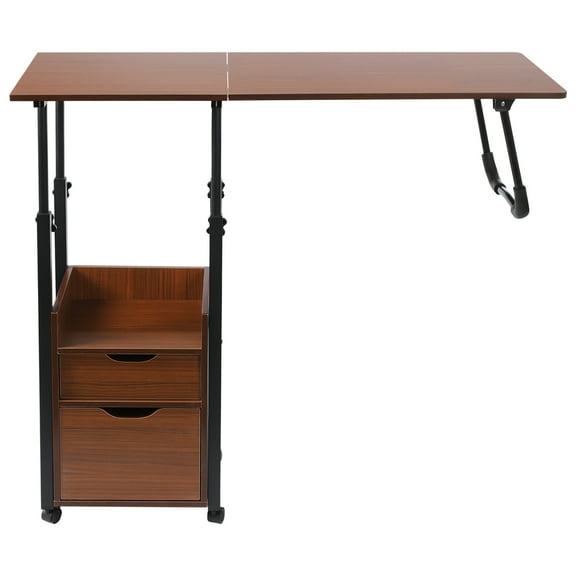 Foldable Overbed Table with Wheels, Free Standing Over Bed Desk with Adjustable Height Bedroom Side Table with Drawers Mobile Computer Desk Rolling Laptop Desk