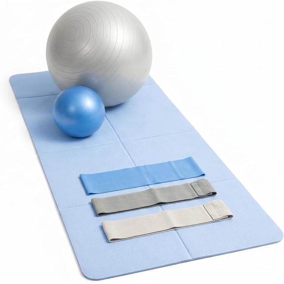 Foldable PILATES MAT with 3 Resistance Bands Set, Pilates Ball & Yoga Ball 6-Piece Pilates Kit, Extra Thick Workout Mat, Air Pump Included. At Home Workout Equipment for Women and Men